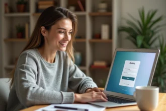 Femme accédant à son espace personnel Société Générale sur un ordinateur portable depuis son bureau à domicile