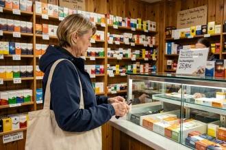 Femme acheteuse dans un bureau de tabac allemand examinant les prix des cartouches de cigarettes