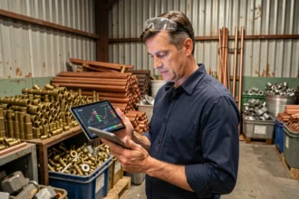 Acheteur industriel consultant les prix du laiton en temps réel sur une tablette dans un centre de recyclage de métaux
