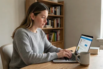 Femme activant son compte en ligne sur un ordinateur portable dans un bureau à domicile