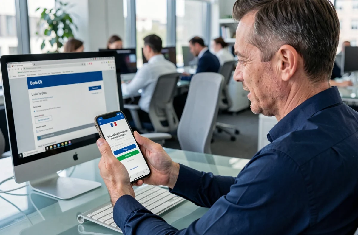 Homme consultant une page d'activation de compte administratif sur smartphone au bureau
