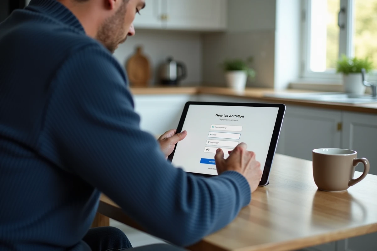 Homme activant son compte salarié sur myarkevia depuis une tablette à son domicile