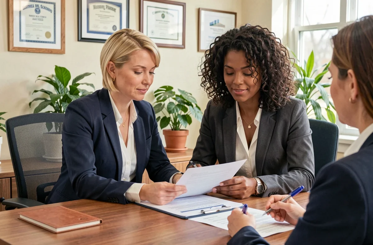 Albane et Gladys, duo de courtières en crédit immobilier, en consultation avec un client