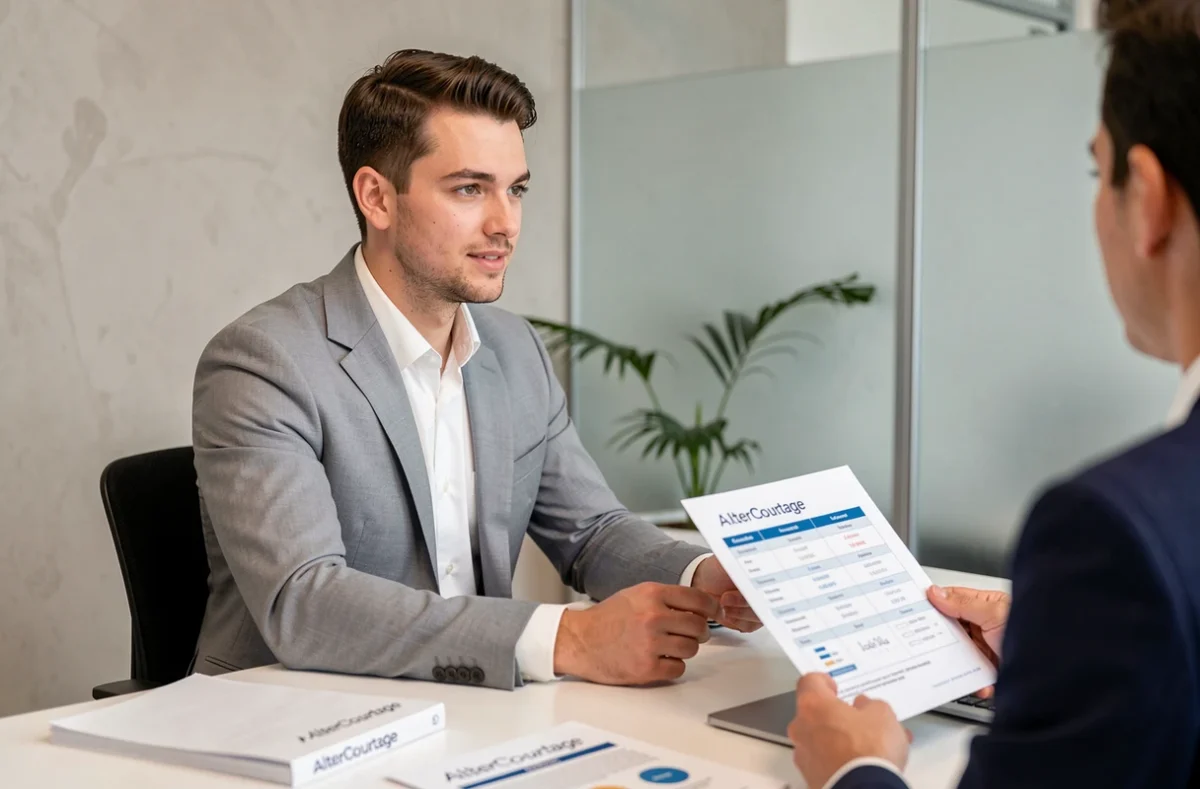 Un conseiller AlterCourtage présente une comparaison d'assurances emprunteurs à un client dans un bureau moderne et épuré