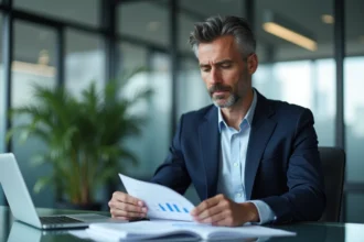 Homme d'affaires en costume marine analysant des données de crédit et des rapports financiers sur un bureau en verre dans un open-space moderne