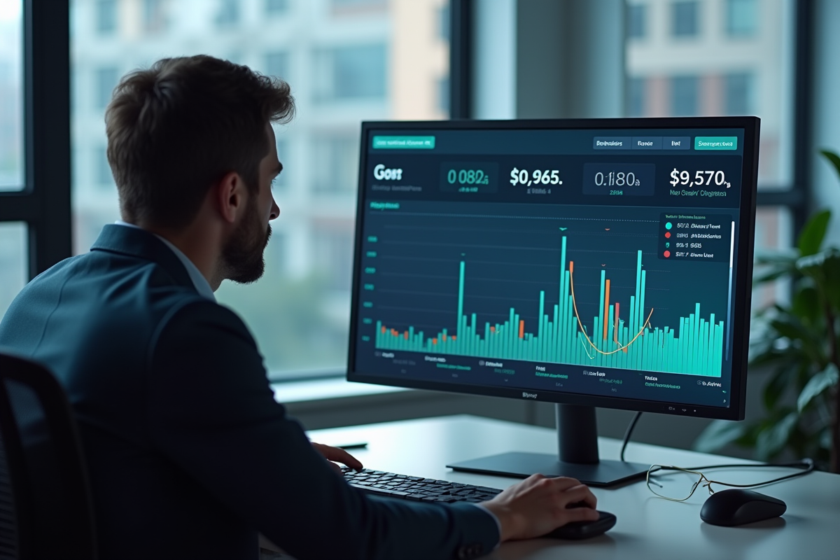 Professionnel analysant un écran avec graphiques de salaire net et brut