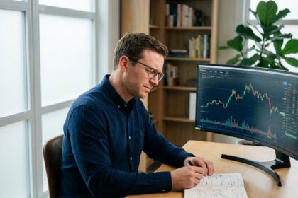Homme analysant des graphiques Bitcoin sur un ordinateur dans un bureau à domicile moderne