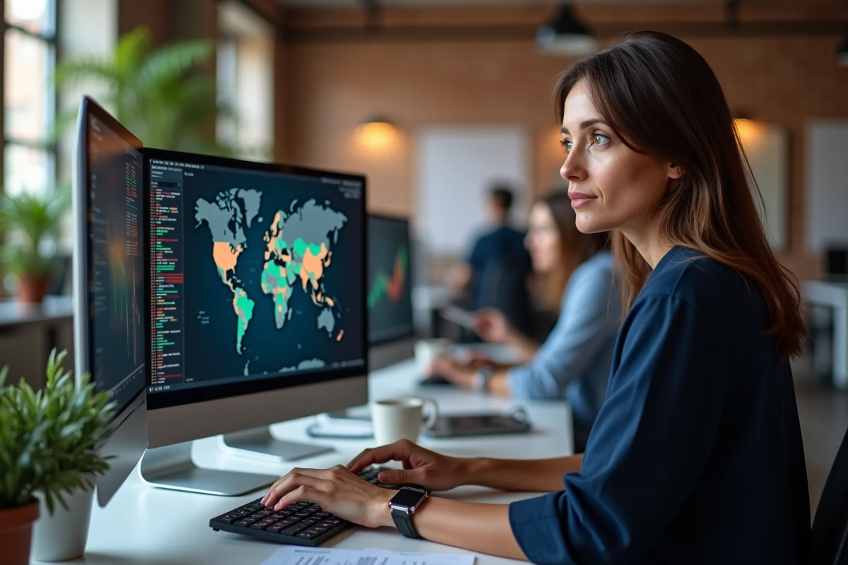 Analyste économique consultant une carte interactive des PIB mondiaux sur double écran au bureau