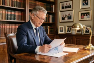 Homme distingué en costume marine consultant des documents financiers dans un bureau classique français, symbolisant l'héritage moral et financier d'André-Louis Auzière