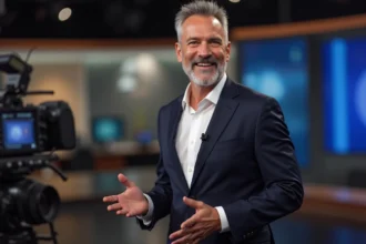Animateur de télévision en studio sur un plateau professionnel, illustrant les salaires élevés dans l'industrie audiovisuelle française