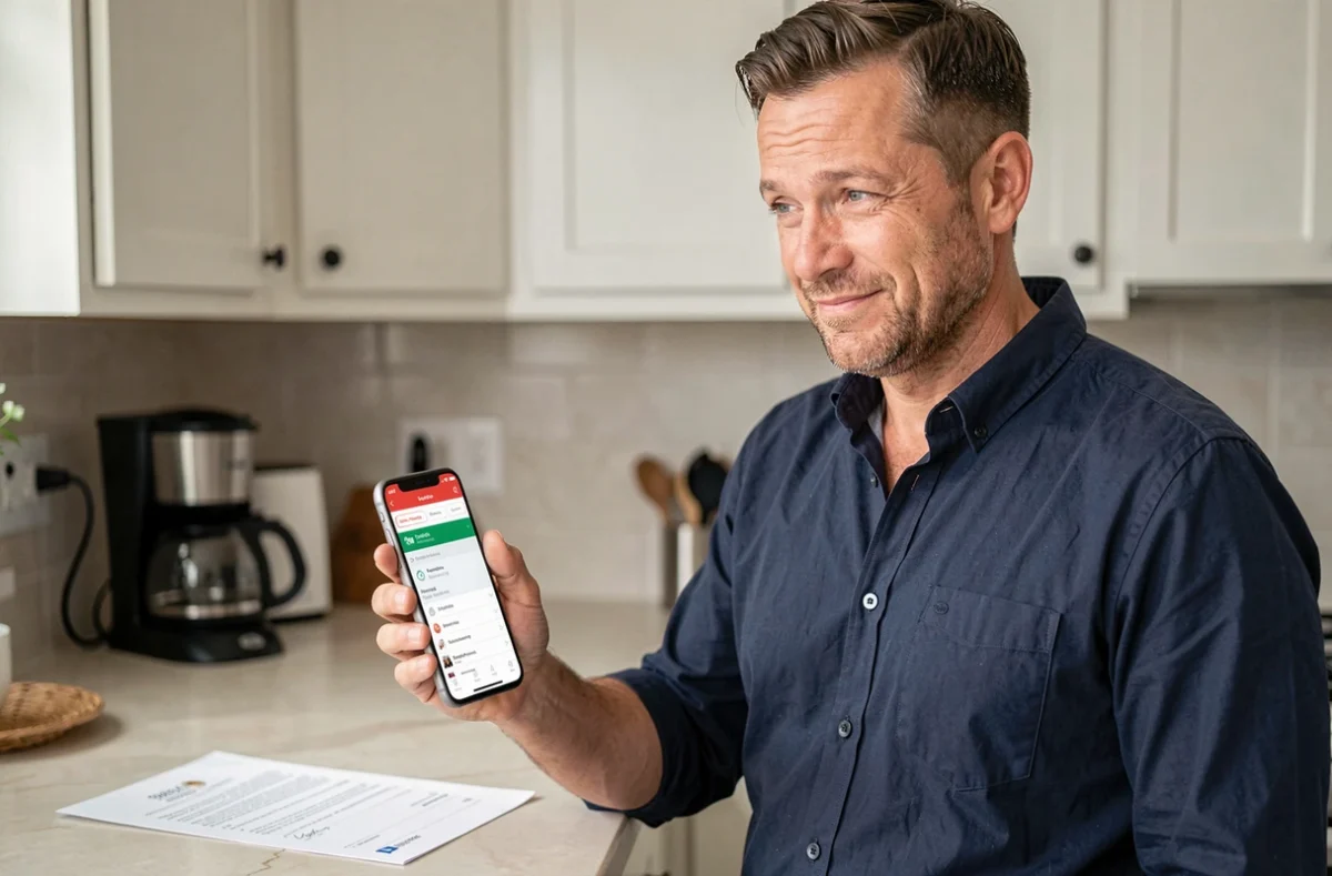 Homme utilisant une application bancaire sur smartphone pour un appel de régularisation Cofidis