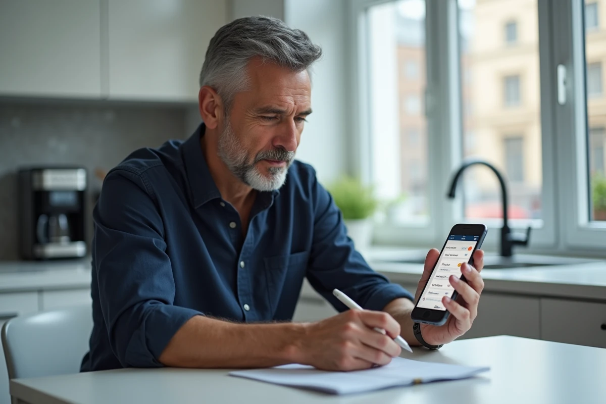 Homme consultant son application mobile Caisse d'Epargne pour paramétrer et suivre son budget dans sa cuisine moderne