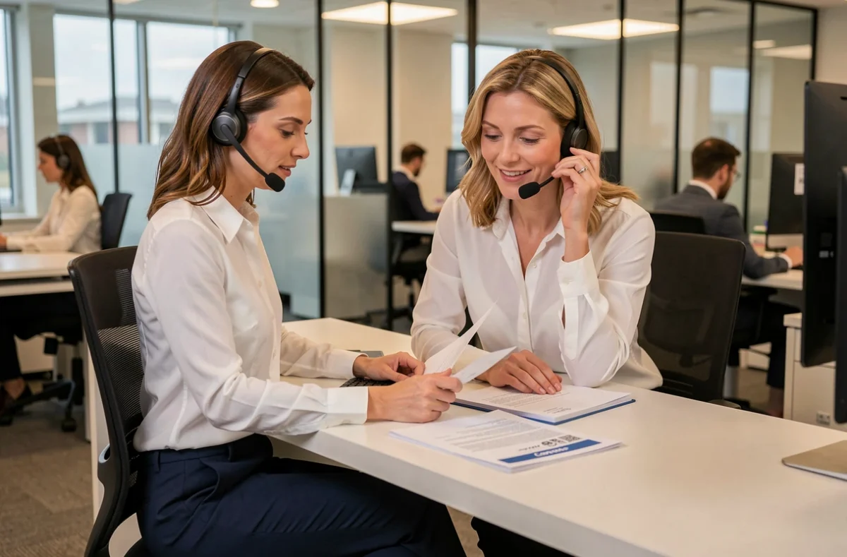 Conseillère April en train d'assister un client par téléphone dans un bureau d'assurance moderne