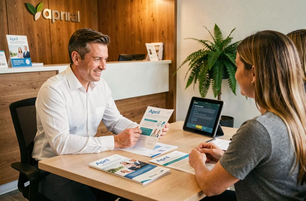 Un courtier April Insurance explique un contrat d'assurance emprunteur à un couple dans une agence régionale moderne aux panneaux bois chaleureux