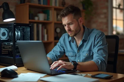 Jeune homme assemble un rig de minage Bitcoin dans un bureau