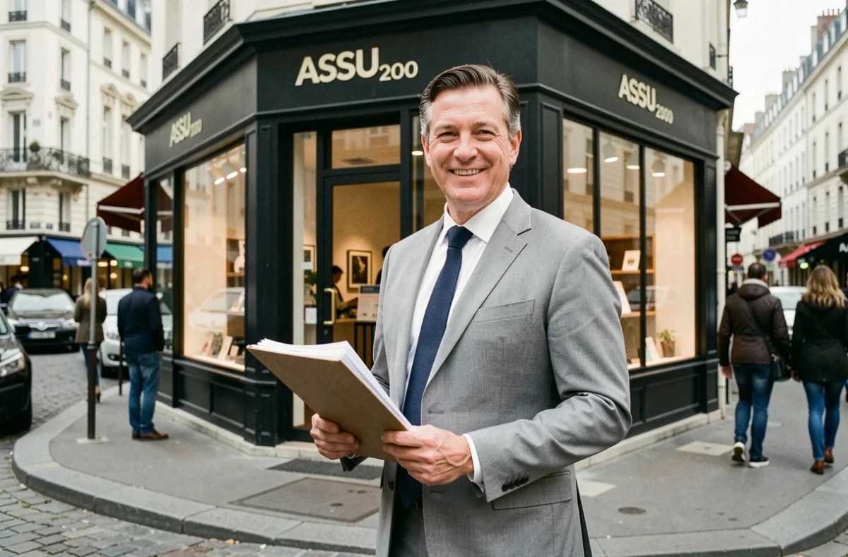 Conseiller en assurance auto devant une agence ASSU 2000 dans une rue commerçante française
