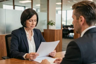 Une femme dans la quarantaine discute de son assurance emprunteur avec un conseiller bancaire dans un bureau moderne