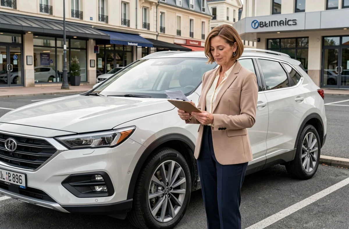 Professionnelle vérifiant son contrat Assurpeople à côté de son SUV dans une zone commerciale française