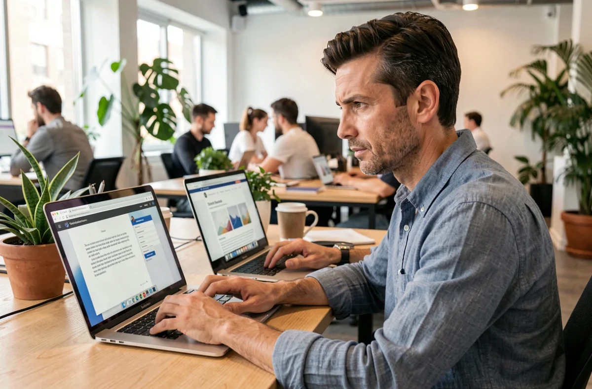 Un auteur travaillant sur plusieurs projets en parallèle dans un espace de coworking, illustrant la diversification des revenus au-delà de l'écriture