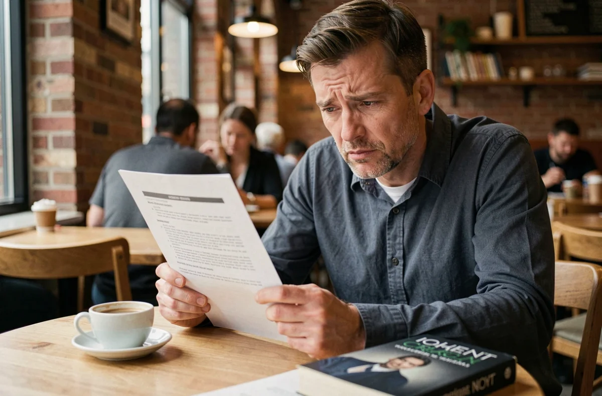 Un auteur examinant un relevé de droits d'auteur peu élevé avec incompréhension, illustrant la méconnaissance de la rémunération du livre