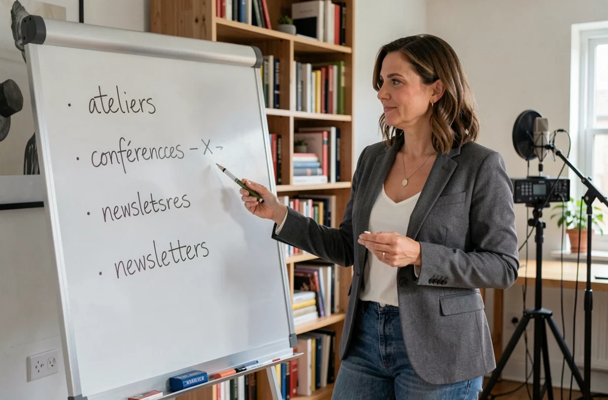 Une auteure devant un tableau blanc listant des sources de revenus secondaires liées à l'écriture comme les ateliers et les conférences