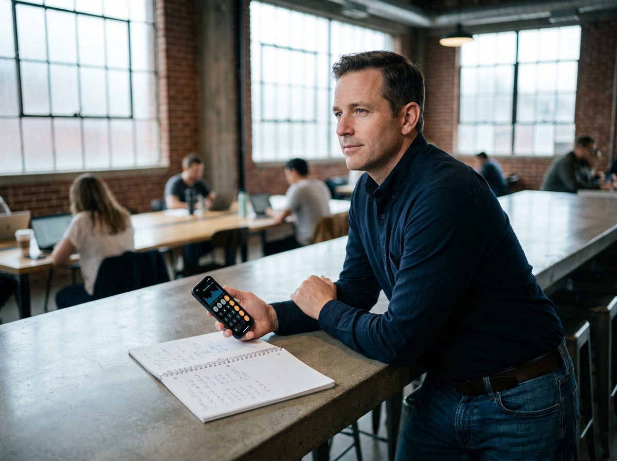 Auto-entrepreneur consultant sa calculatrice financière dans un espace de co-working pour évaluer ses droits au chômage