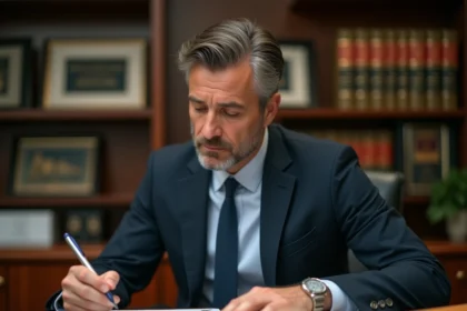 Avocat en costume marine analysant des documents juridiques sur un bureau en bois pour réduire une amende ou condamnation pécuniaire