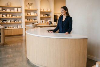 Banque d'accueil arrondie en bois clair dans une boutique moderne, avec une vendeuse souriante en blazer marine