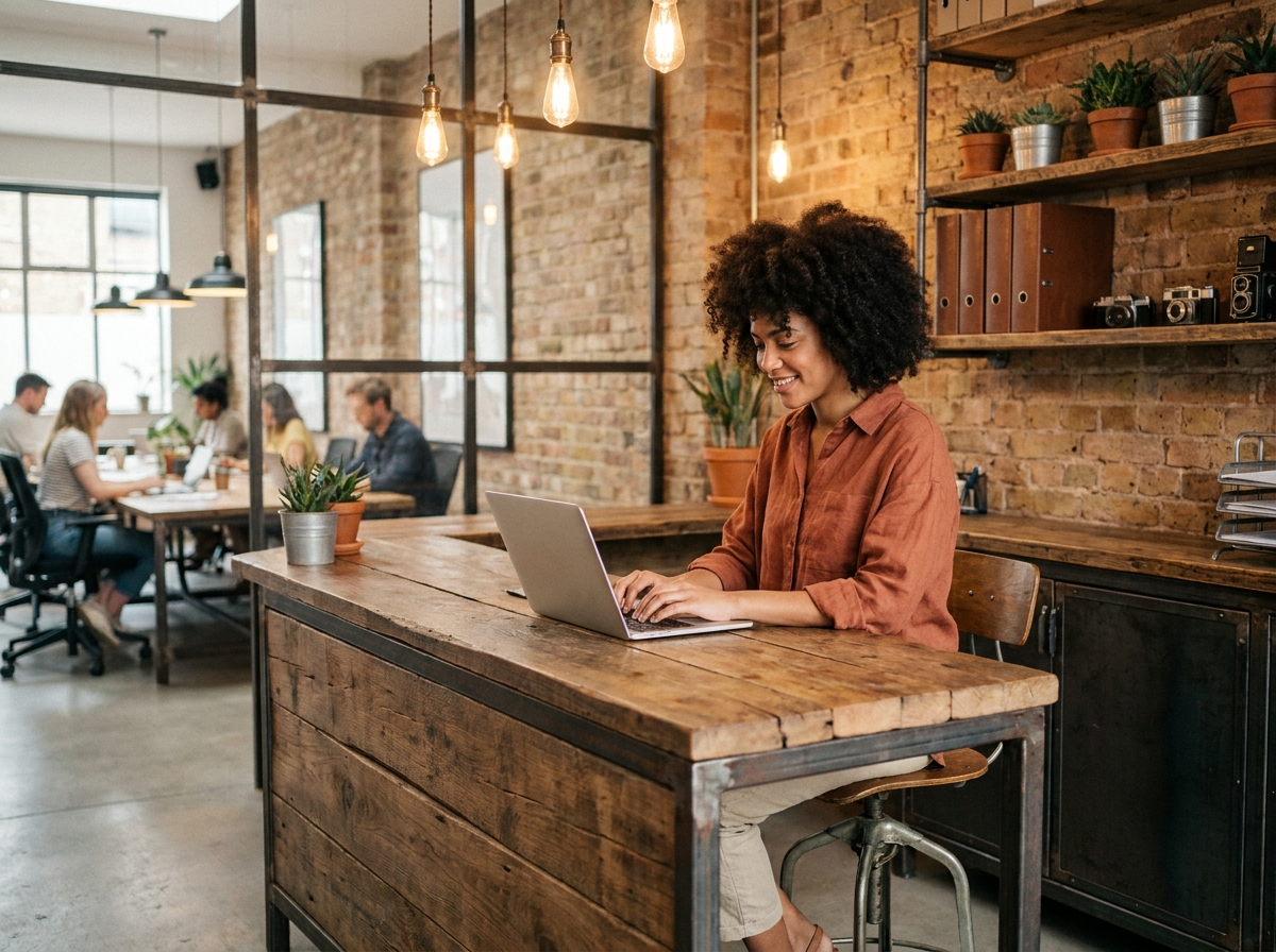Bureau d'accueil en L de style industriel dans un espace de coworking avec une hôtesse décontractée en chemise lin terracotta
