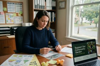 Bénévole d'association organisant une campagne avec des flyers imprimés et un ordinateur portable dans un bureau associatif modeste