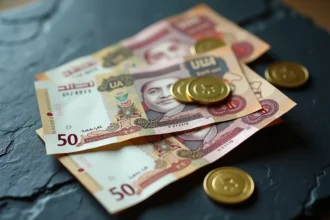 Billets et pièces de monnaie des Émirats arabes unis en dirhams étalés sur une surface en ardoise sombre