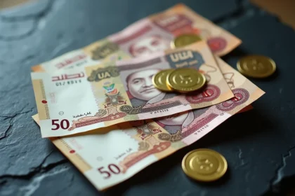 Billets et pièces de monnaie des Émirats arabes unis en dirhams étalés sur une surface en ardoise sombre
