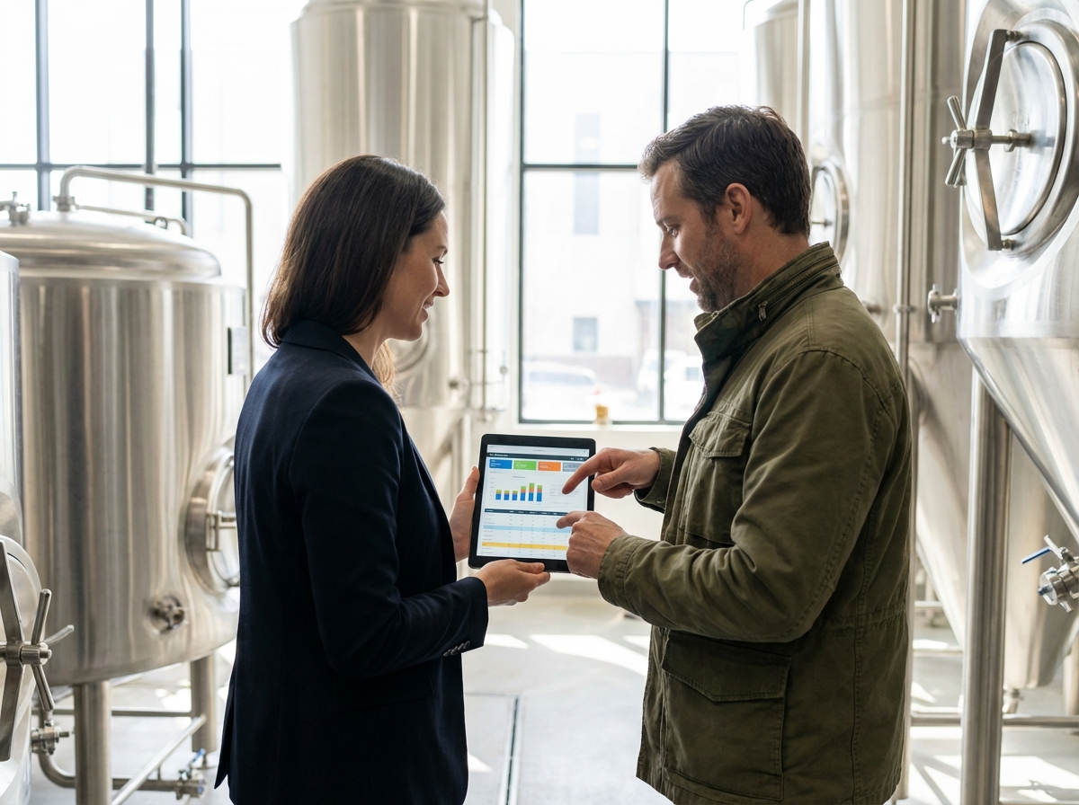 Trois professionnels dans une brasserie avec tanks en acier