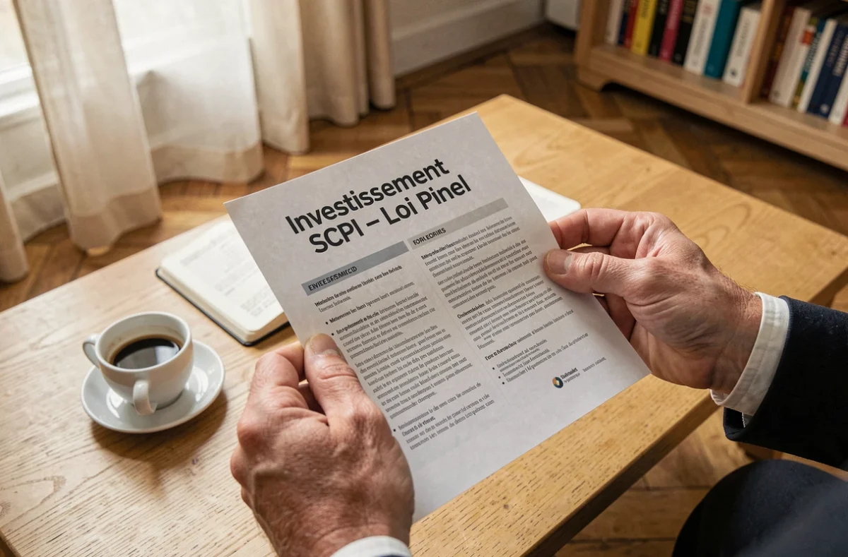 Des mains tenant une brochure sur l'investissement en SCPI Pinel posée sur une table basse dans un appartement français