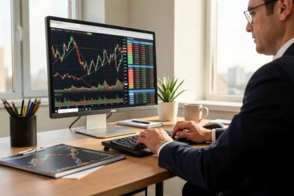 Bureau de trading avec graphiques de cours de change