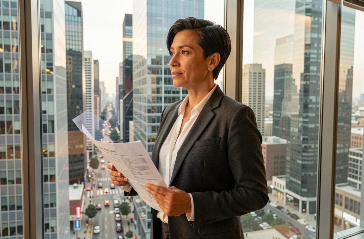 Femme cadre dans un gratte-ciel financier observant la skyline urbaine, illustrant la puissance économique des marchés financiers mondiaux