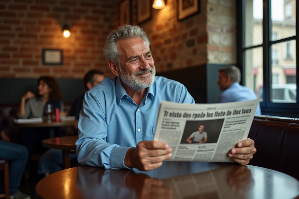 Homme dans un café parisien lisant un journal avec amusement