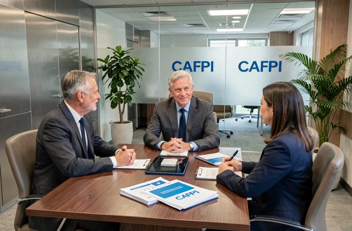 Un courtier senior CAFPI dirige une réunion de consultation d'assurance emprunteur dans une salle de conférence corporative moderne avec des clients