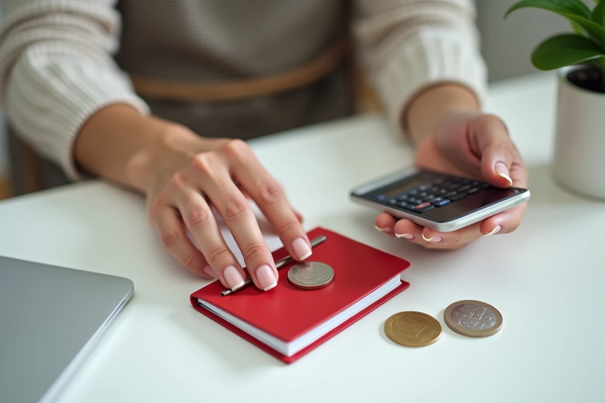 Mains calculant les intérêts d'un livret A avec des pièces en euros et un livret d'épargne, symbolisant l'impact sur le pouvoir d'achat