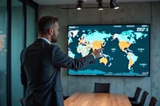 Économiste pointant une carte mondiale interactive des PIB par pays dans une salle de conférence moderne