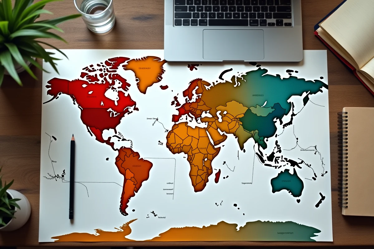 Vue aérienne d'une carte du monde imprimée avec annotations de PIB et ordinateur portable sur un bureau en bois