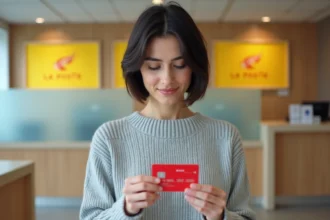 Femme tenant une carte prépayée La Poste dans un bureau de poste moderne, examinant les détails de la carte