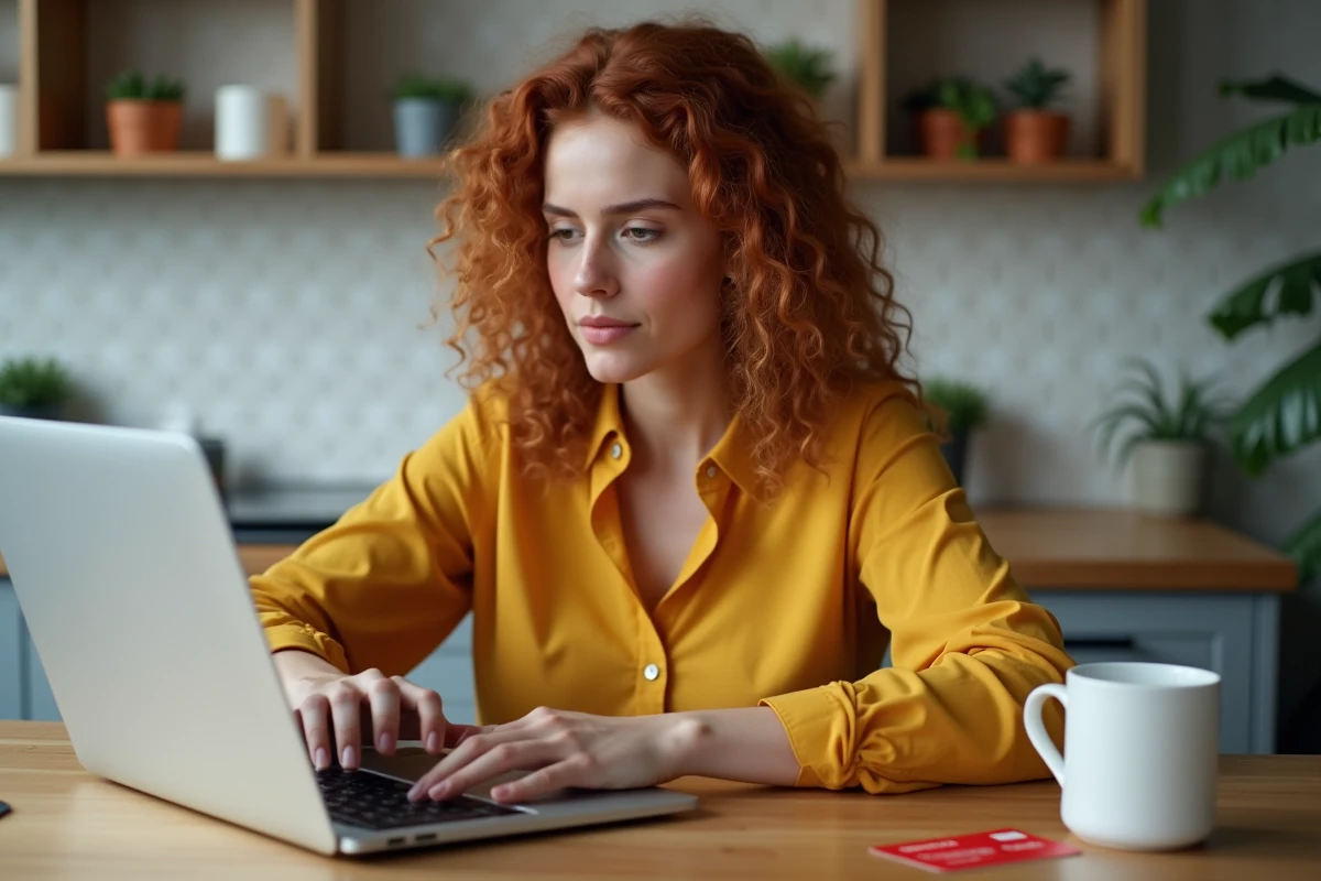 Jeune femme gérant sa carte prépayée La Poste en ligne sur un ordinateur portable dans une cuisine moderne