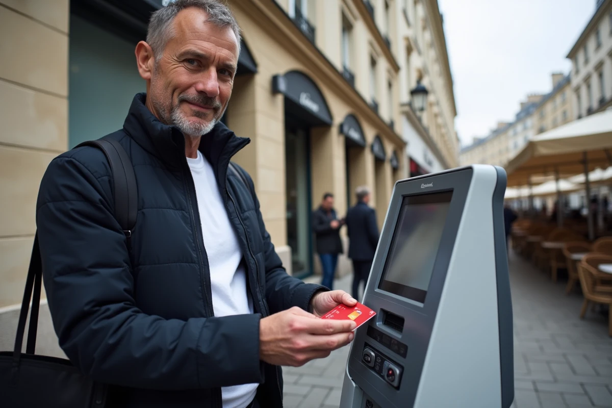 Homme utilisant une carte prépayée La Poste en paiement sans contact sur un terminal en rue à Paris
