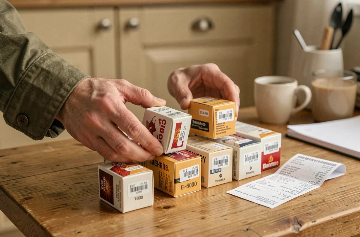 Cartouches de cigarettes allemandes de différentes marques disposées sur une table avec reçu et étiquettes de prix en euros