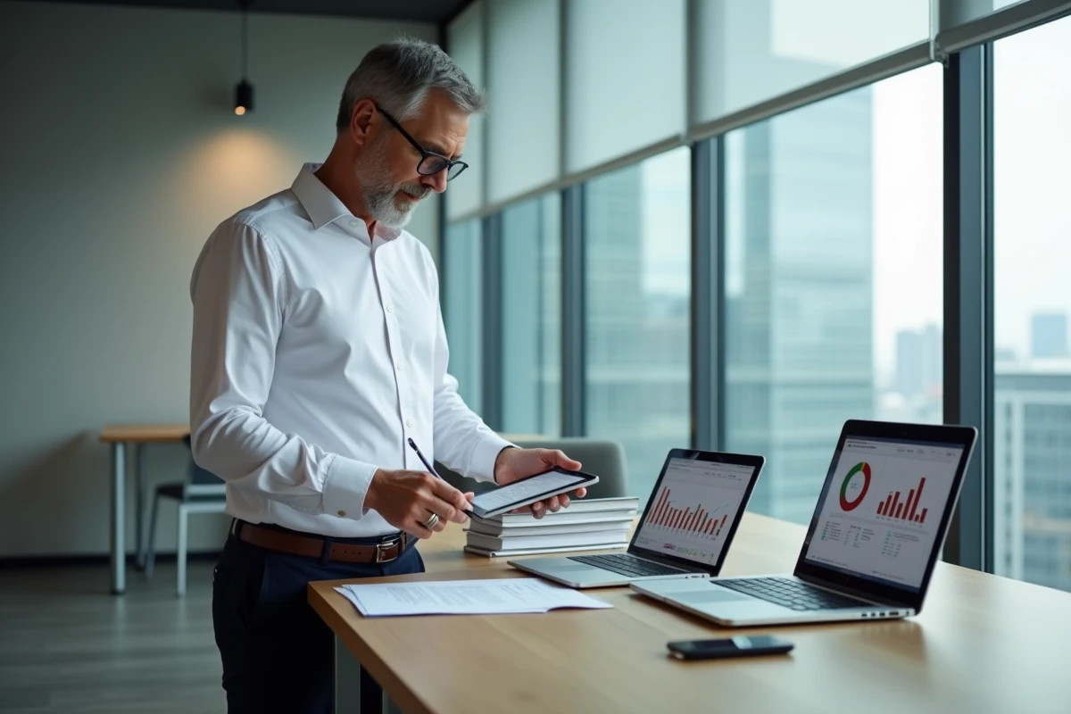 Expert-comptable consultant une checklist fiscale IS sur tablette dans un cabinet moderne