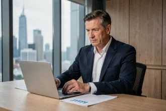 Chef d'entreprise consultant des documents financiers dans un bureau moderne avec vue sur la ville