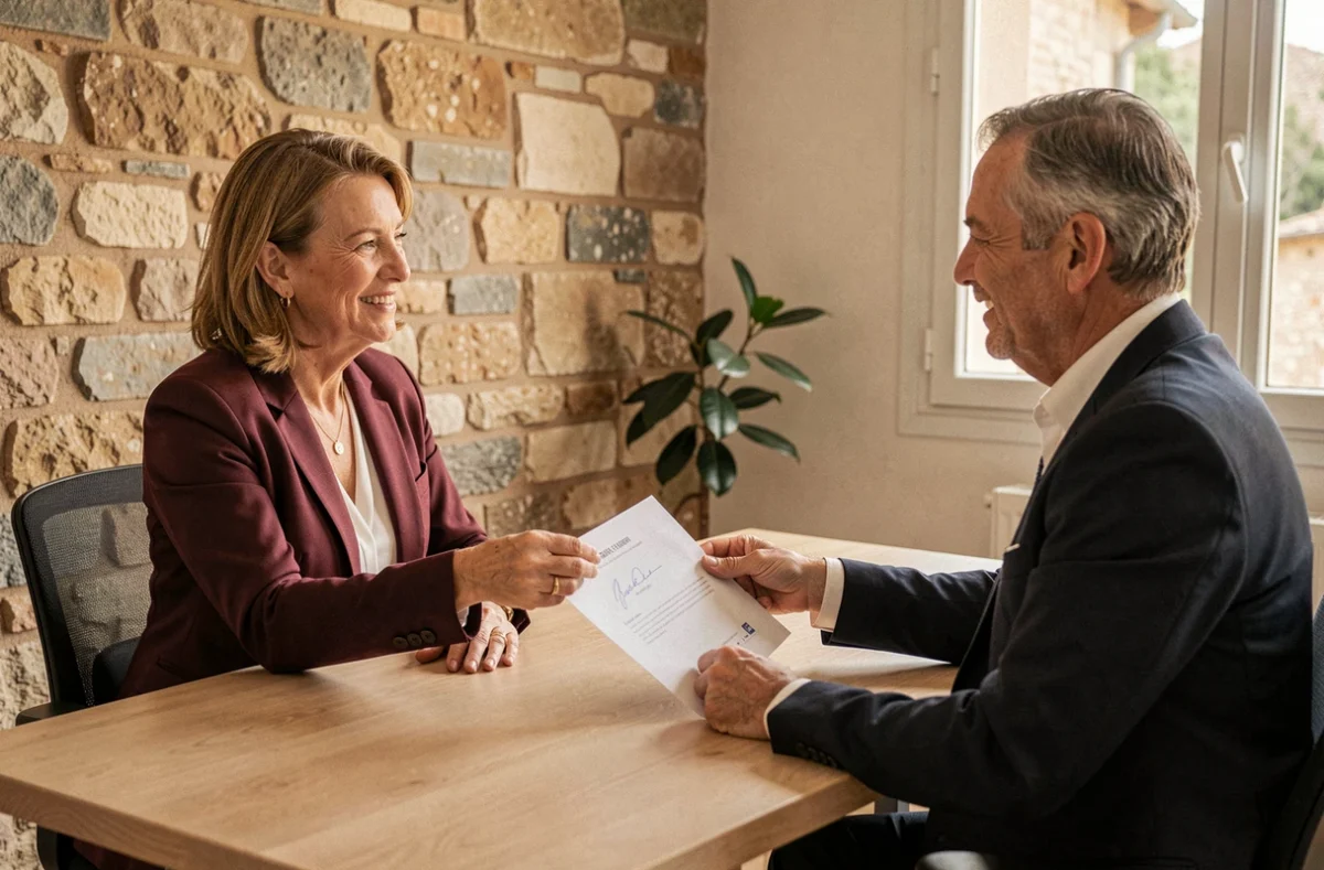 Conseillère Cil-Viva remettant un dossier de prêt immobilier à un client en Ardèche
