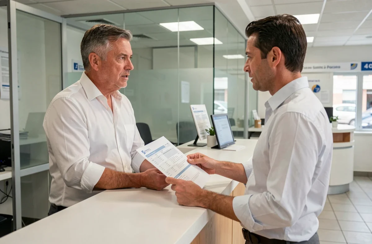 Client discutant des limites de virement classique et instantané avec un conseiller bancaire au guichet