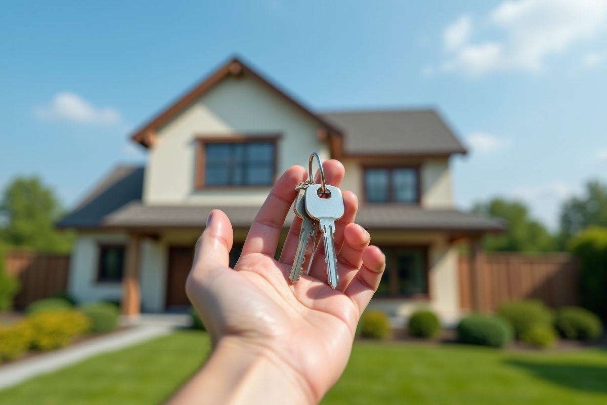 Main tenant des clés de maison devant une maison en plein jour